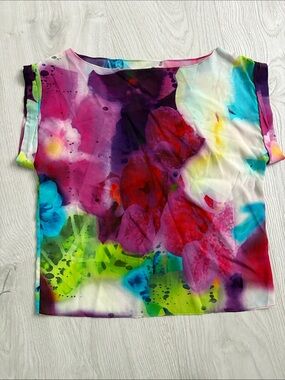 Alice + Olivia Multicolor Watercolor Floral Cap Sleeve Silk Top